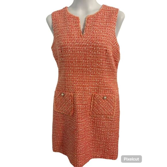 NWT—Karl Lagerfield Tweed Sleeveless Dress Women’s Size 12 Spring Pearl Fitted V - Picture 1 of 8